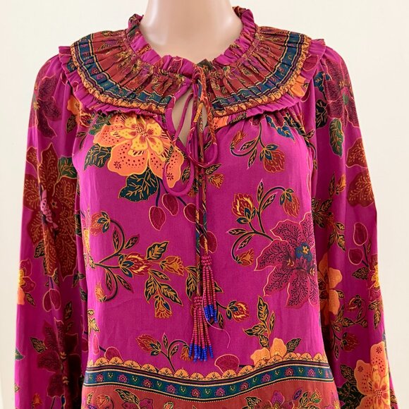 Rachel Zoe Women's Sz M Fuchsia Floral Blouse Rushed Neck Long Sleeves - NWOT - Picture 5 of 9